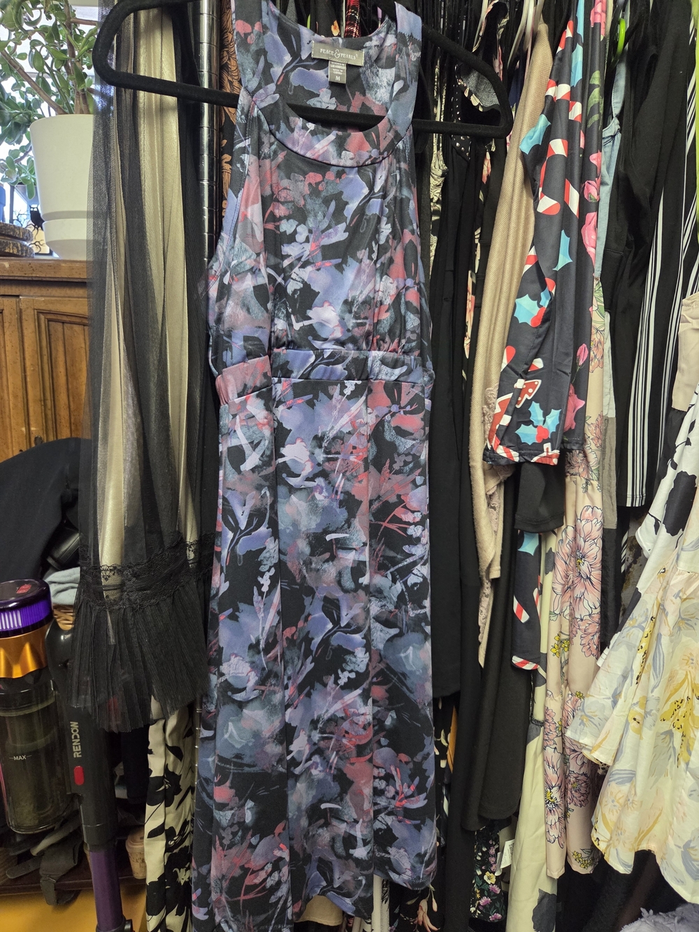 Floral Abstract Midi Dress in Black, Purple & Pink